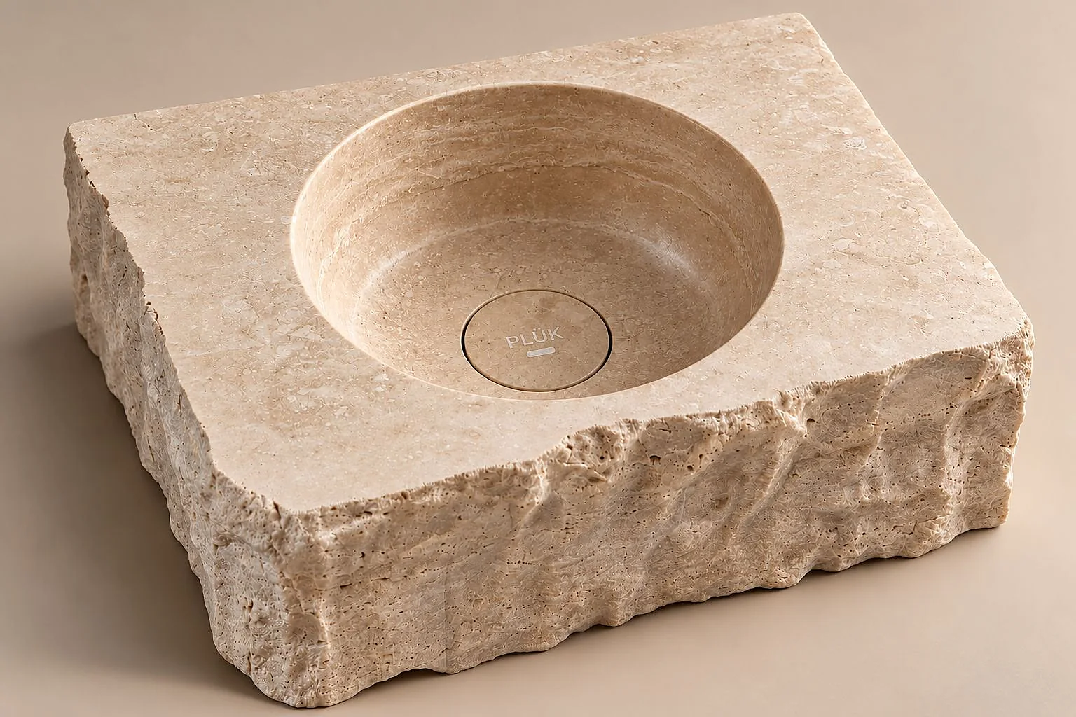 Ivory travertine basin with hand-pitched rough outer edge, carved from solid stone