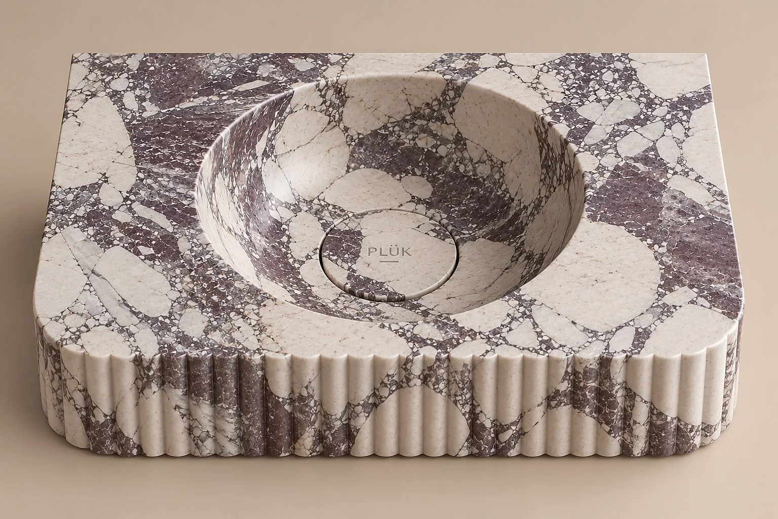 Calacatta Viola marble basin with a vertically fluted front edge