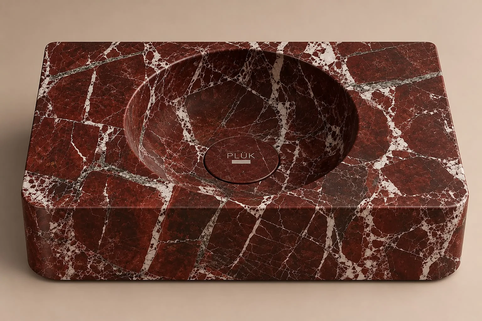Rosso Levanto marble basin with softly rounded corners and polished inner bowl