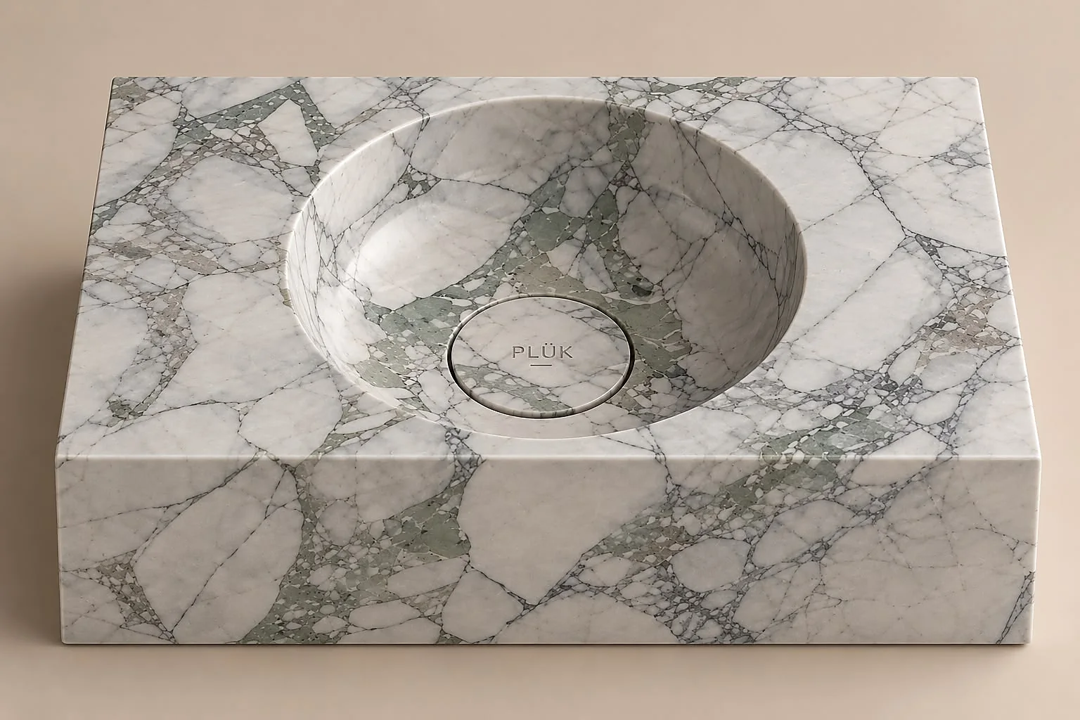 Calacatta Green marble basin with clean straight edges and a rounded inner bowl