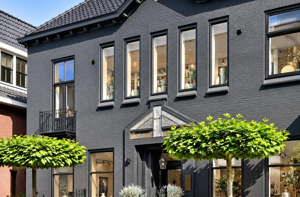 Exterior of selected PLÜK Stone showroom partner ’t Klooster Interieurmakers in Bovenkarspel, with its showroom displays visible through the windows