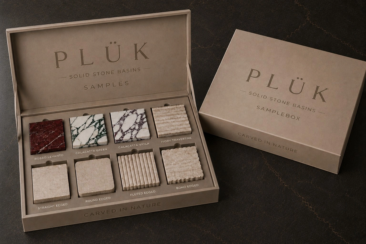 PLÜK Stone samplebox met vier natuurstenen en vier afwerkingen